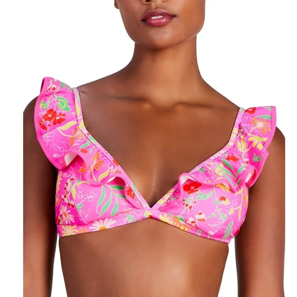Kate Spade New York Womens Floral Ruffle V- Neck Bikini Swim top